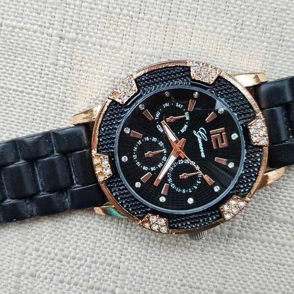 Geneva Fashion Wristwatch Quartz Analog Black Rubber Band Gold Tone Case Watch - Picture 5 of 11